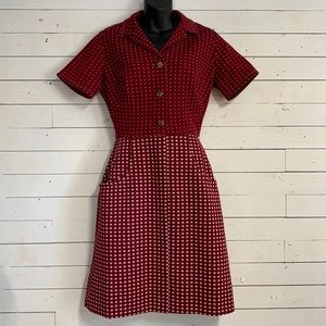 VTG 60’s Polka Dot Polyester Fit & Flare Shirt Dress Burgundy with Pockets